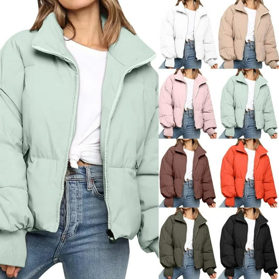 Juebong Women Winter Down Puffer Coat Wind Resistant Insulated Warm Jackets Trendy Fashion Zip Up Bubble Quilted Jacket Outerwear Khaki,S