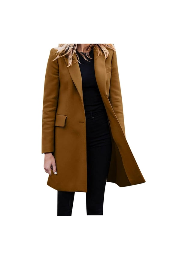 Women Winter Long Coat Trendy Lapel Collar Single Breasted Jacket Outwear Casual Long Sleeve Suit Blazer Fall Camel Midi-Long Work Daily Wear Outfit