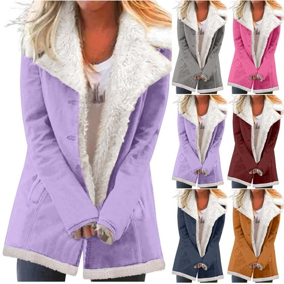 Juebong Women Winter Warm Jacket Sherpa Fleece Lined Jackets Coats Fashion Button Lapels Shaggy Faux Fur Coat Outwear Purple,XXL