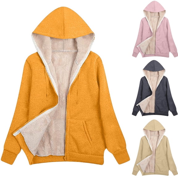 Juebong Women Zip Up Fleece Jacket Thick Sherpa Lined Hooded Sweatshirts Long Sleeve Winter Thermal Coats with Pockets Yellow M