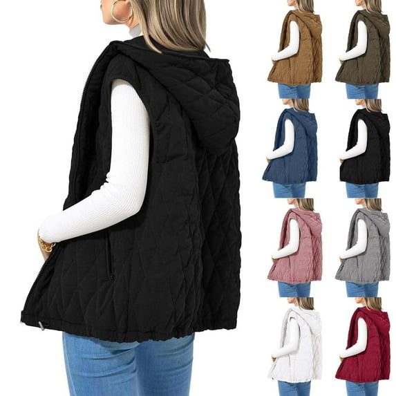 Juebong Women's 2025 Fall Spring Puffer Vest Casual Sleeveless Hooded Zip Up Quilted Jacket Trendy Winter Down Coat Outerwear Navy,S