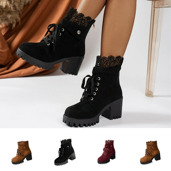 Juebong Women's Ankle Boots Lug Sole Chunky Heel Ankle Bootie Suede Lace Closed Toe Winter Shoes Brown,42