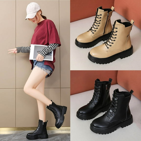 Juebong Women's Ankle Boots Lug Sole Low Heel Lace up Fashion Ankle Bootie Round Toe Booties Black,42