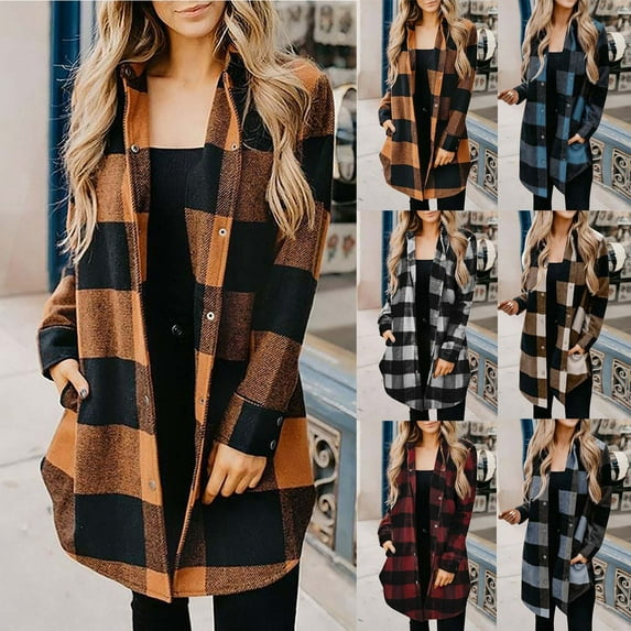 Juebong Women's Casual Plaid Shacket Jacket Oversized Long Button Up Shirts Fall Coats Fashion Long Sleeve Trench Coat with Pockets Black,S