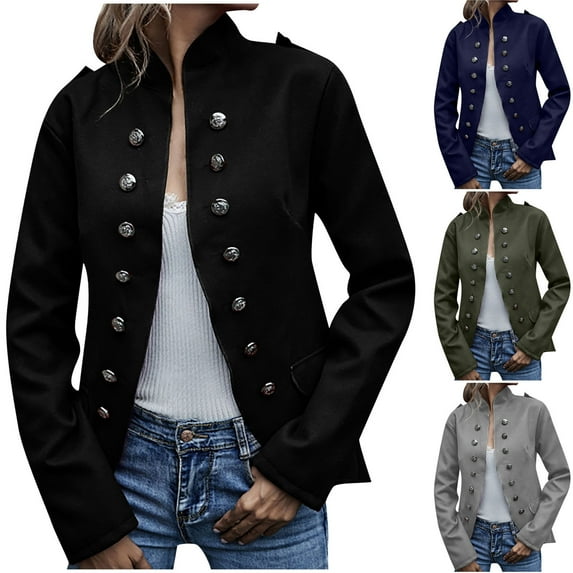 Juebong Women's Casual Wool Blend Coats Plus Size Stand Collar Single Breasted Pea Coat Loose Long Sleeve Blazer Jackets Outerwear Army Green,XXXXL