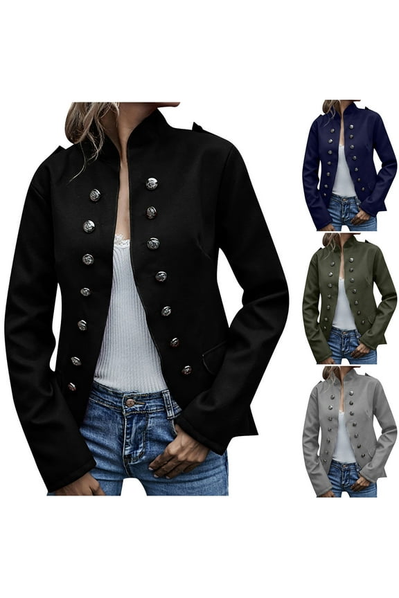 Women's Casual Wool Blend Coats Plus Size Stand Collar Single Breasted Pea Coat Loose Long Sleeve Blazer Jackets Outerwear Navy,XXXL
