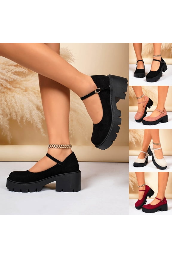 Women's Chunky Heel Ankle Boots Buckle Strap Mid-Heel Loafers Lug Sole Round Toe Heeled Gothic Dress Shoes Beige,36