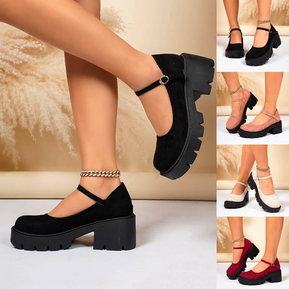 Juebong Women's Chunky Heel Ankle Boots Buckle Strap Mid-Heel Loafers Lug Sole Round Toe Heeled Gothic Dress Shoes Black,40