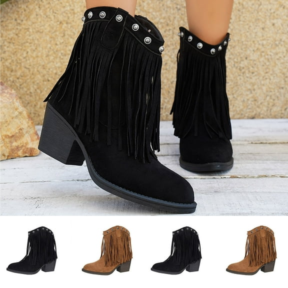 Juebong Women’s Chunky Heeled Ankle Boots Vintage Fringe Tassel Chelsea Short Booties Dance Party Dress Shoes Black,38