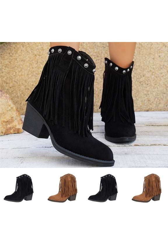 Women’s Chunky Heeled Ankle Boots Vintage Fringe Tassel Chelsea Short Booties Dance Party Dress Shoes Black,39