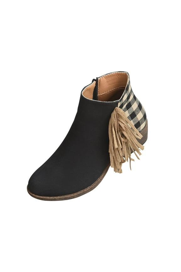 Women's Chunky Heels Ankle Booties Casual Pliad Fringed Patchwork Cowboy Boot Western Boots, Black, 6