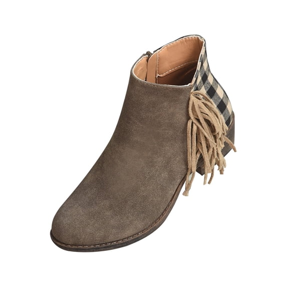 Juebong Women's Chunky Heels Ankle Booties Casual Pliad Fringed Patchwork Cowboy Boot Western Boots, Gray, 7.5