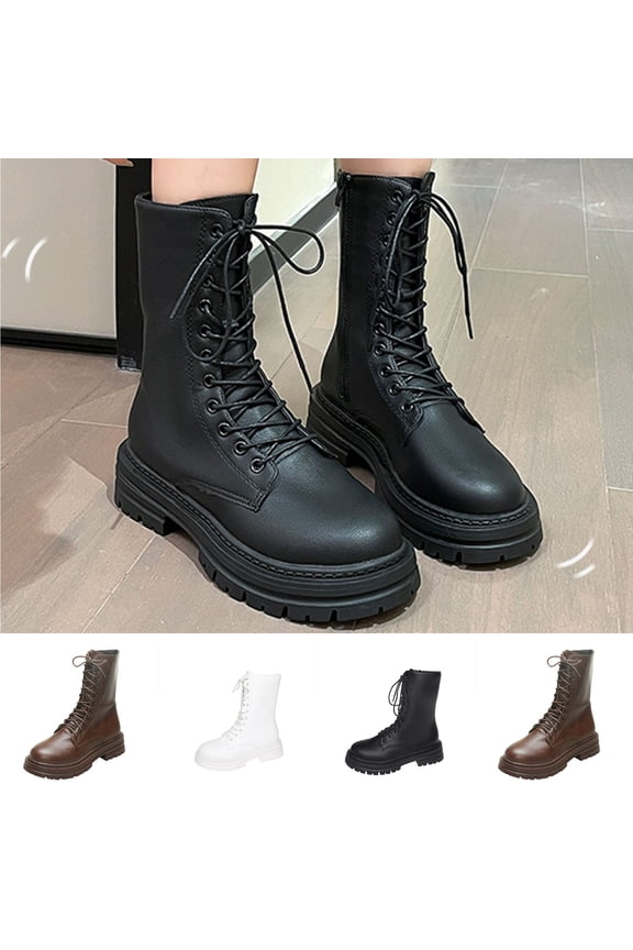 Women's Combat Boots Lace Up Lug Sole Goth Ankle Booties Round Toe Fashion Chunky Heel Shoes White,36