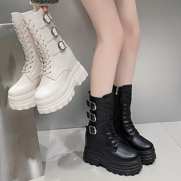 Juebong Women's Combat Boots Lace up Mid Calf Boots Chunky Heel Lug Sole Belt Buckle Biker Motorcycle Riding Boots Black,40