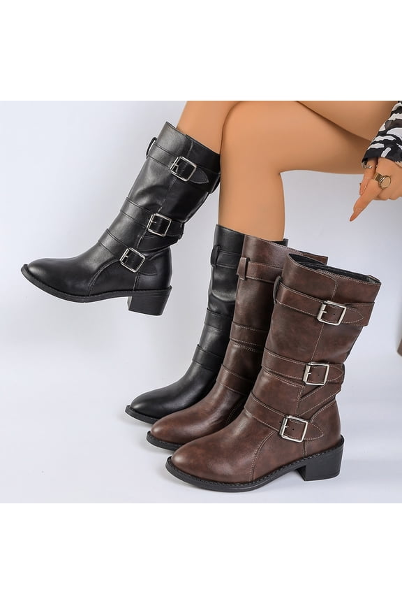 Women's Combat Boots PU Leather Rivets Chunky Heel Mid-Calf Boots with Metal Buckle Studded Pointed Toe Riding Shoes Brown,40