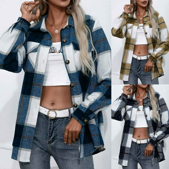 Juebong Women's Cozy Fleece Jacket Button Down Plaid Shacket Jackets Long Sleeve Casual Flannel Shirts Fall Fashion Outwear Blue,S