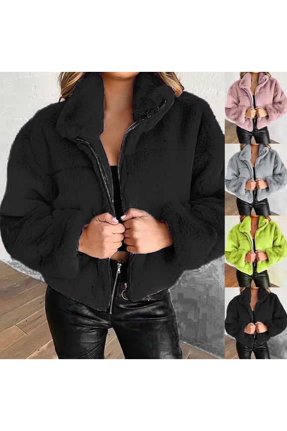 Women's Cropped Faux Fur Jacket 2025 Winter Coats Zip Up Long Sleeve Fluffy Fleece Shaggy Warm Short Coat Outerwear Green,XXL