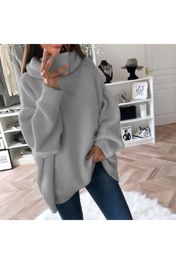 Women's Dressy Turtleneck Knit Pile Collar Cowl Neck Plus Size Loose Turtleneck Sweater,Gray,S
