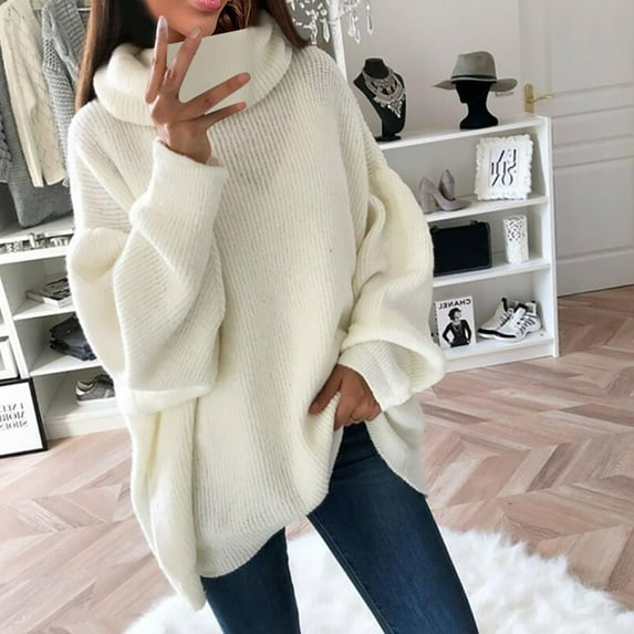 Juebong Women's Dressy Turtleneck Knit Pile Collar Cowl Neck Plus Size Loose Turtleneck Sweater,White,XXL