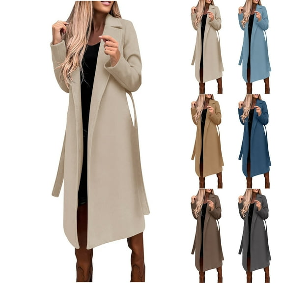 Juebong Women's Elegant Trench Jacket 2025 Wool Blend Pea Coat with Belt Notched Lapel Mid-Long Jackets Winter Warm Overcoat Khaki,XXL