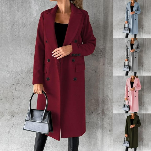 Juebong Women's Elegant Wool Blend Pea Coat Notched Lapel Double Breasted Casual Peacoat Winter Warm Long Overcoat Jackets Wine M