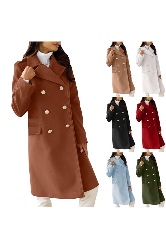 Women's Elegant Wool Blend Pea Coat Notched Lapel Double Breasted Winter Warm Mid Long Overcoat Trench Coats Army Green,S