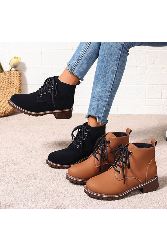 Women's Fashion Combat Boots Lace Up Lug Sole Goth Ankle Booties PU Leather Low Heel Shoes Brown,36