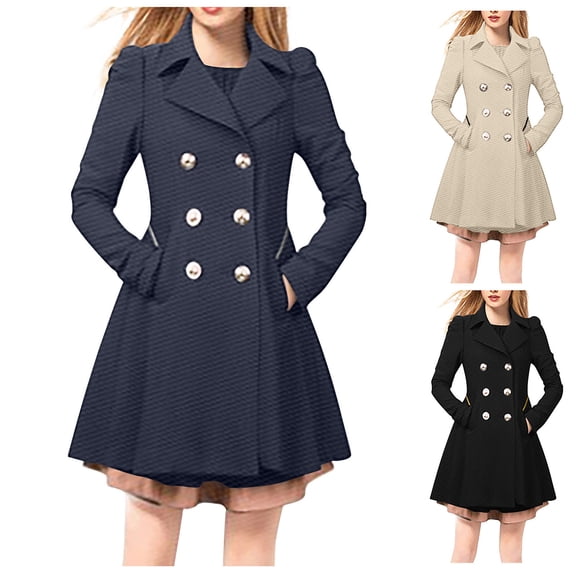 Juebong Women's Fashion Long Trench Coat Notch Lapel Double Breasted A Line Pea Coats Winter Dress Coat Suit Jacket with Pockets Navy,S