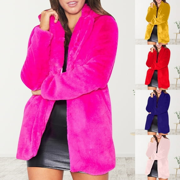 Juebong Women's Faux Fur Coat Long Sleeve Fleece Fluffy Lapel Jacket Open Front Shaggy Warm Parka Coats Furry Winter Outerwear Pink S