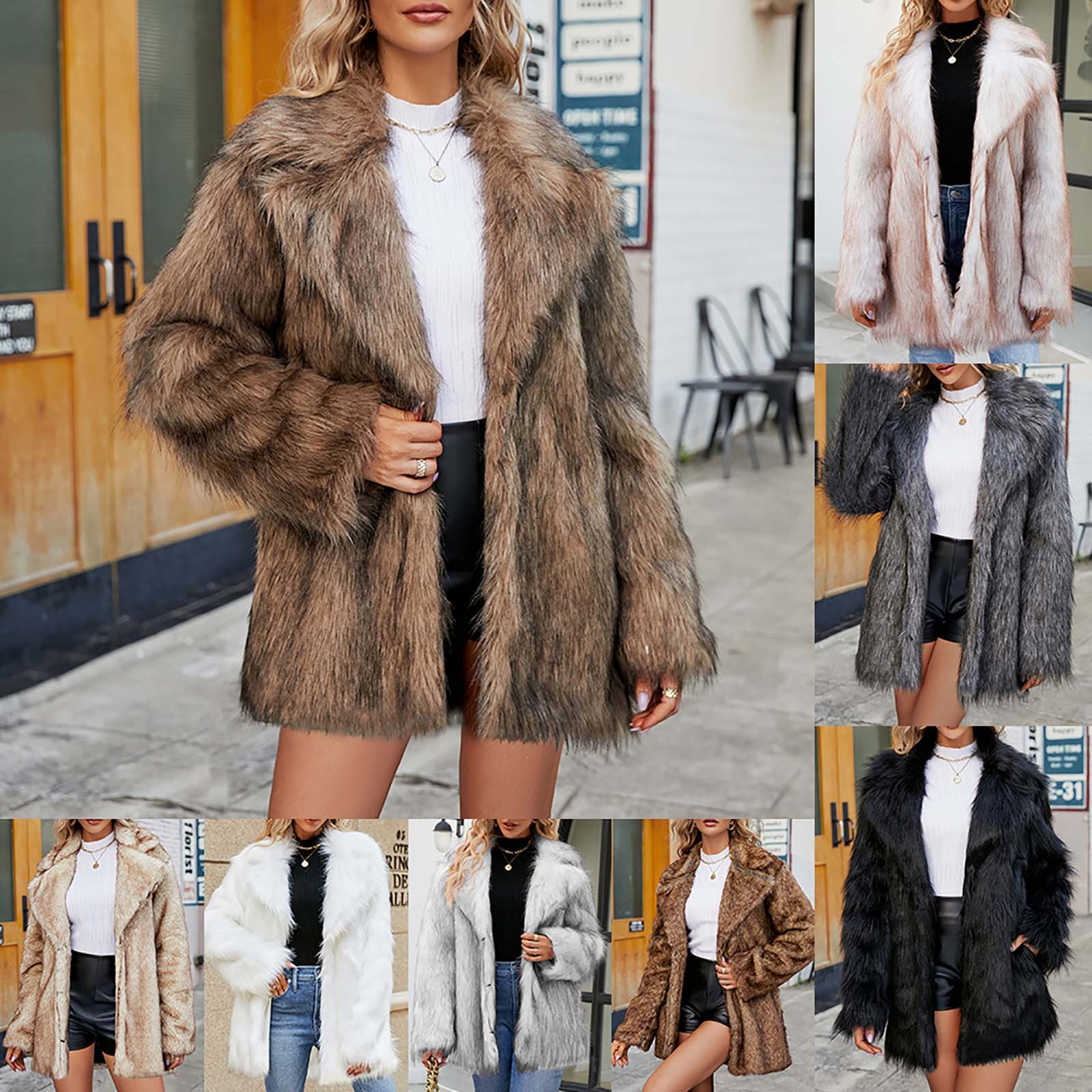 Juebong Women's Faux Fur Coat Long Sleeve Lapel Shaggy Winter