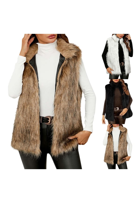 Women's Faux Fur Vest Coat Sleeveless Lapel Fluffy Jacket Open Front Furry Winter Warm Shaggy Parka Coats Outwear Brown,XXL