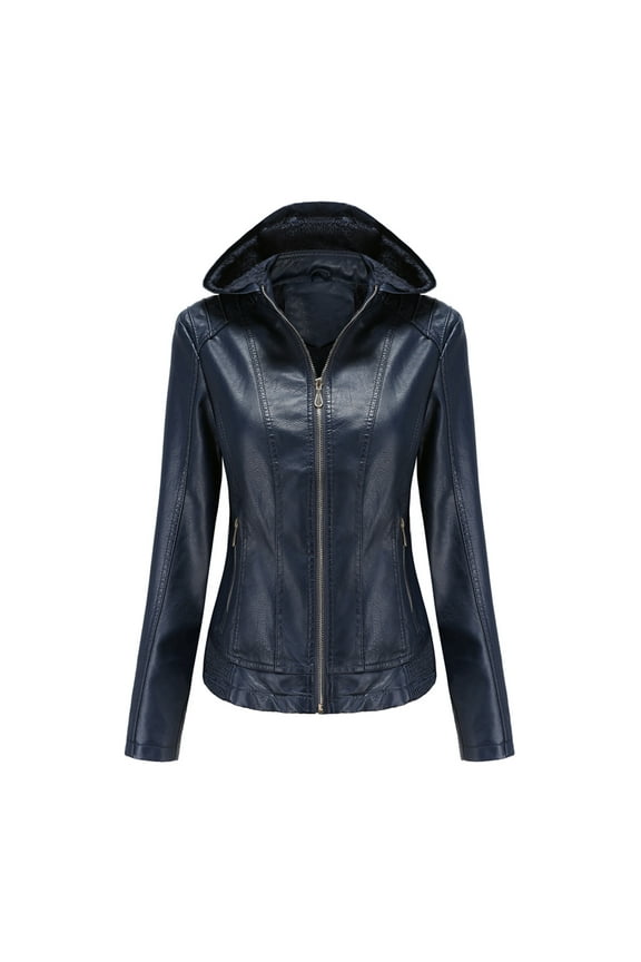 Women's Faux Leather Hooded Jacket Coat Motorcycle Biker Zip Up Outwear Plus Size Female Coat Basic Streetwear Fashion Detachable Hood Plush Jacket with Pockets, Dark Blue, XL