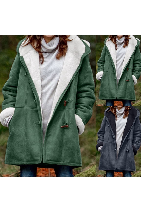 Women's Faux Suede Pea Coat Sherpa Fleece Lined Jackets Casual Soft Cozy Horn Button Down Coats Thick Warm Outwear Green,XXL