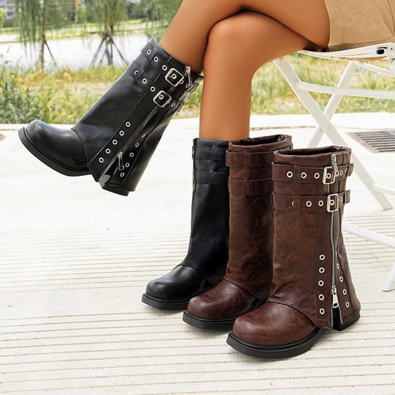 Juebong Women's Fold Over Boots Belt Buckle Slouchy Wide Calf Boots Chunky Block Heel Mid Calf Boots with Side Zipper Coffee,37