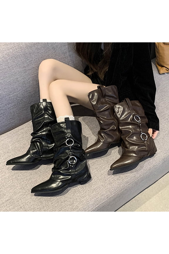 Women's Fold Over Boots Slouchy Wide Calf Boots Glitter Metallic Boots Chunky Stacked Mid Calf Boots Brown,42