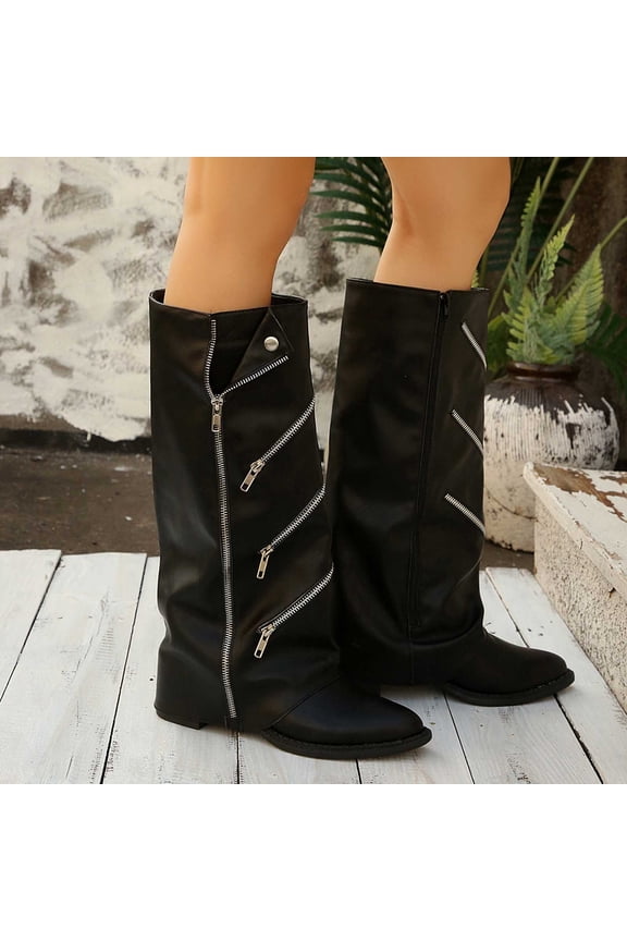 Women's Fold Over Boots Slouchy Wide Calf Boots Side Zipper Chunky Stacked Boots Mid Calf Boots Black,39