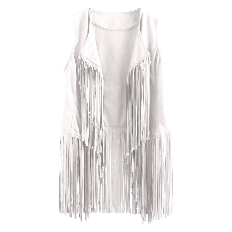 Juebong Women s Fringe Trim Sleeveless Lapel Open Front Vest Jacket Cardigan White XL