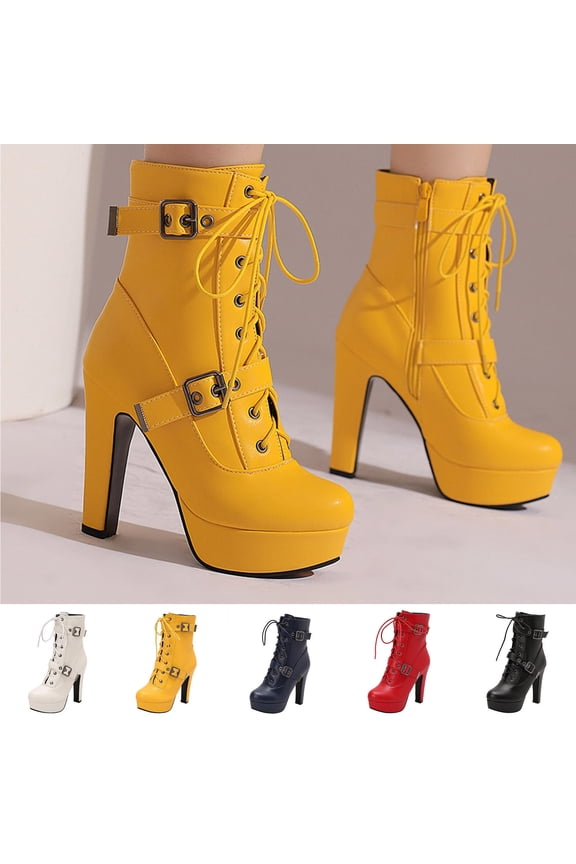 Women's Goth Leather Block Heel Ankle Boot Fashion Studded Ankle Strap Trim Punk Boots Buckle Lace Up Ankle Booties Yellow,38