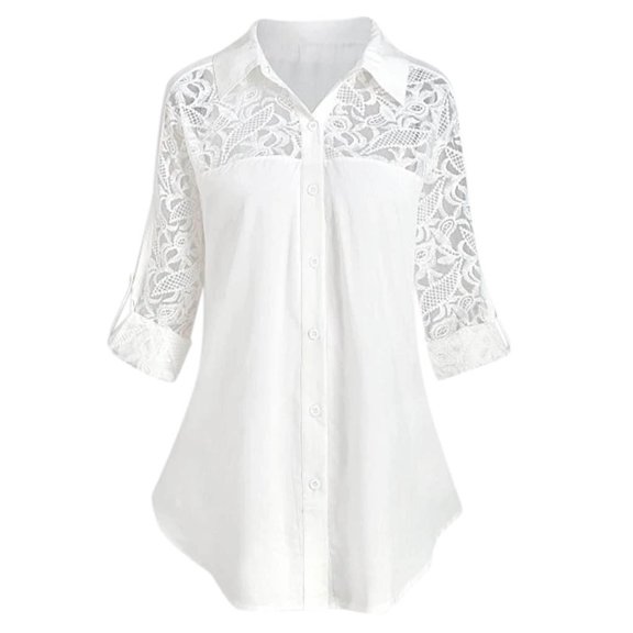 Juebong Women's Henley V Neck Floral Lace Crochet Blouse Tops 3/4 Cuffed Sleeve Summer Casual Roll-up Sleeve Button Down Tunic Shirt