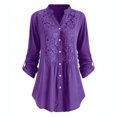 thumbnail image 1 of Juebong Women's Henley V Neck Floral Lace Crochet Blouse Tops 3/4 Cuffed Sleeve Summer Casual Roll-up Sleeve Button Down Tunic Shirt, 1 of 4