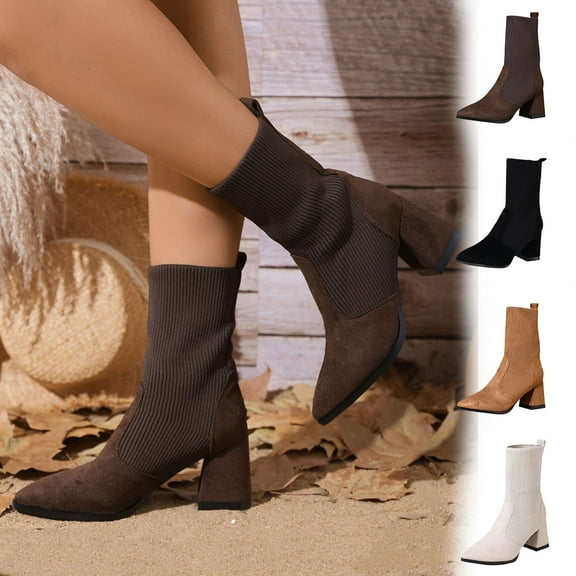 Juebong Women's High Chunky Heel Chelsea Ankle Boots Vintage Slip On Elastic Fall Heeled Booties Shoes Beige,38