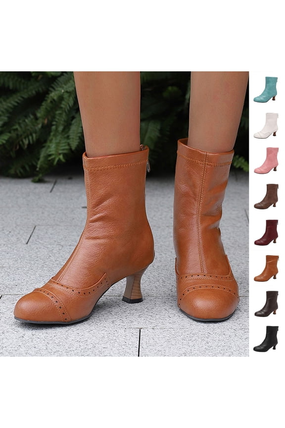 Women's Kitten Heel Ankle Boots Round Toe with Back Zipper Fall Winter Leather Ankle Booties for Office Work 2025 Brown,36