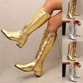 thumbnail image 1 of Juebong Women's Knee High Boots Chunky Low Heel Disco Stretchy Boots Glitter Metallic Silver Boots Side Zipper Gogo Boots Gold,41, 1 of 7