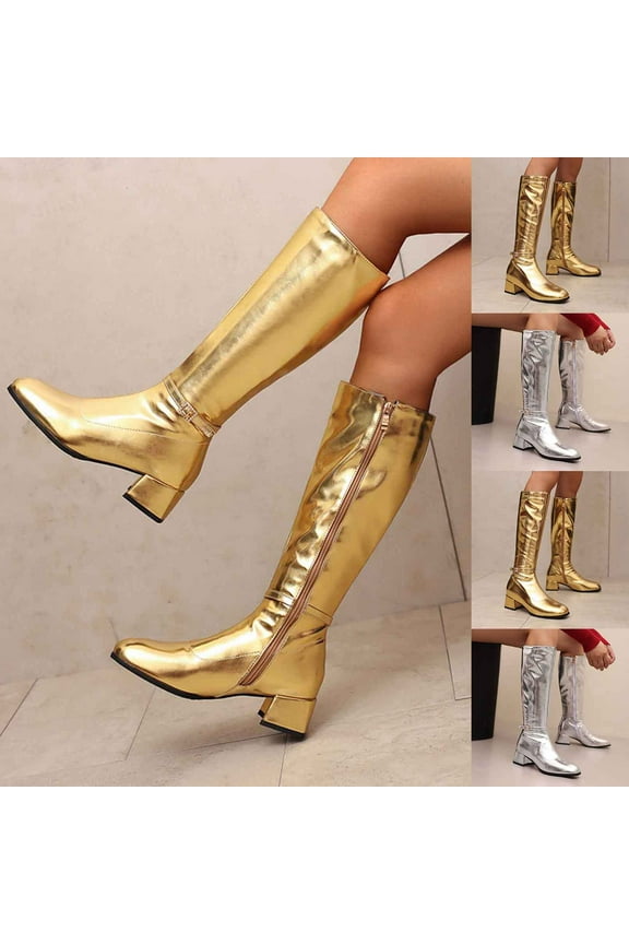Women's Knee High Boots Chunky Low Heel Disco Stretchy Boots Glitter Metallic Silver Boots Side Zipper Gogo Boots Silver,36