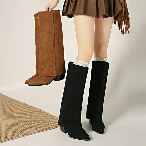 Juebong Women's Knee High Boots Nude Suede Wide Calf Stiletto Long Boots Pull On High Heel Riding Boot Dress Fall Tall Boot Brown,37