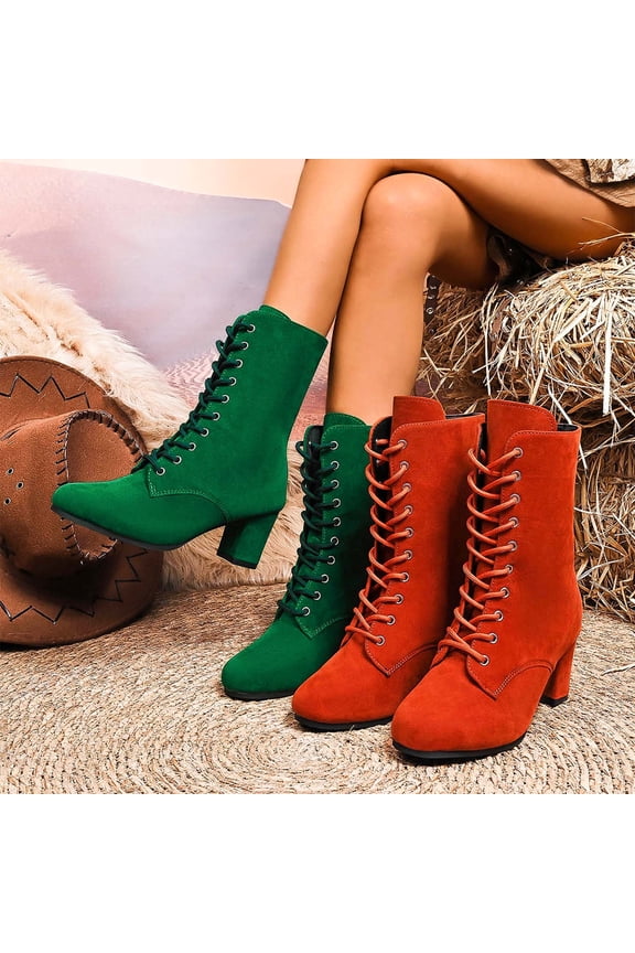 Women's Lace-Up Combat Boots Comfortable Chunky Block Heel Pointed Toe Suede Boots Retro Mid Calf Riding Boots Army Green,36