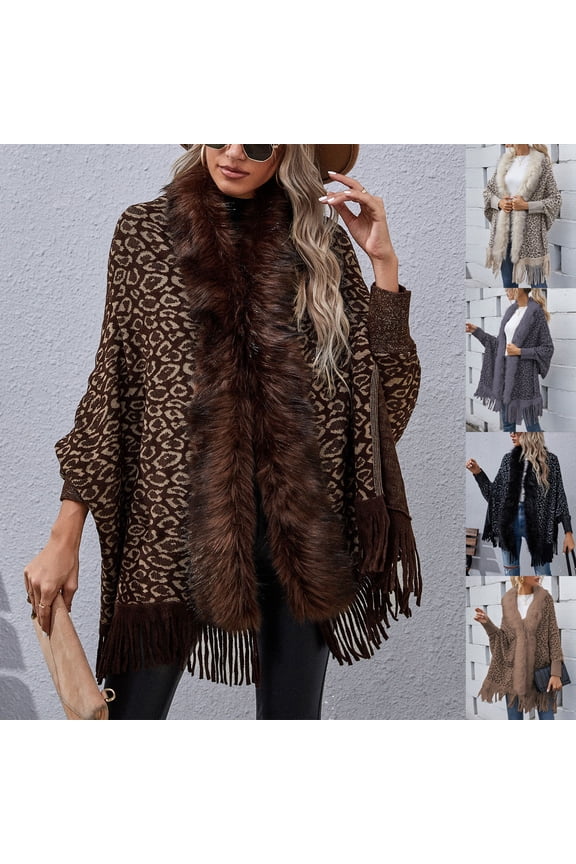 Women's Leopard Print Jackets Fashion Fall Tassel Knit Sweaters Open Front Oversized Cardigan Jacket Winter Sweater Top Beige,L