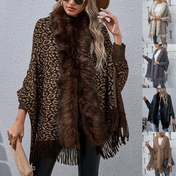 Juebong Women's Leopard Print Jackets Fashion Fall Tassel Knit Sweaters Open Front Oversized Cardigan Jacket Winter Sweater Top Gray,L