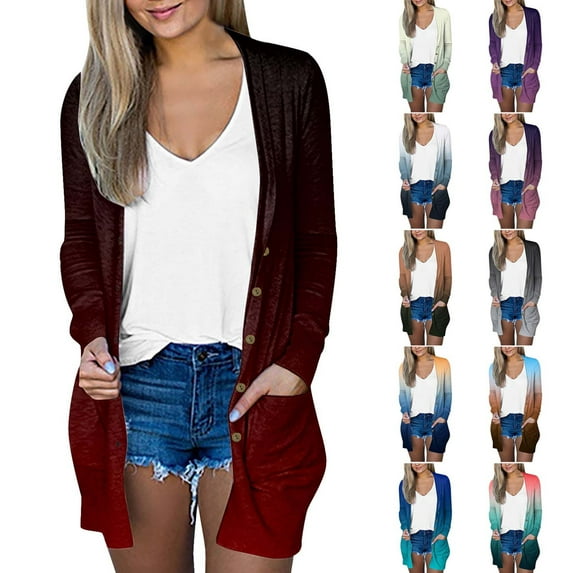 Juebong Women's Long Cardigan Draped Open Front Lightweight Duster Gradient Color Long Sleeve Dressy Casual Fall Button Cardigans with Pockets Red,M