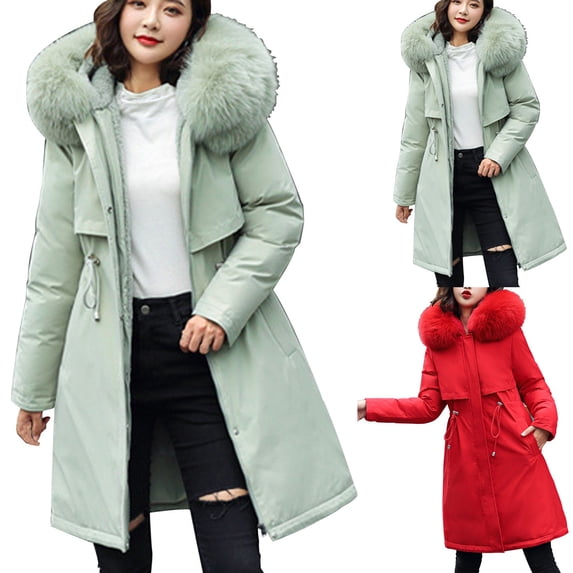 Juebong Women's Long Warm Winter Coat Windproof Thickened Hooded Puffer Jacket Outdoor Parka Down Coats with Faux Fur Hood Dark Gray,L